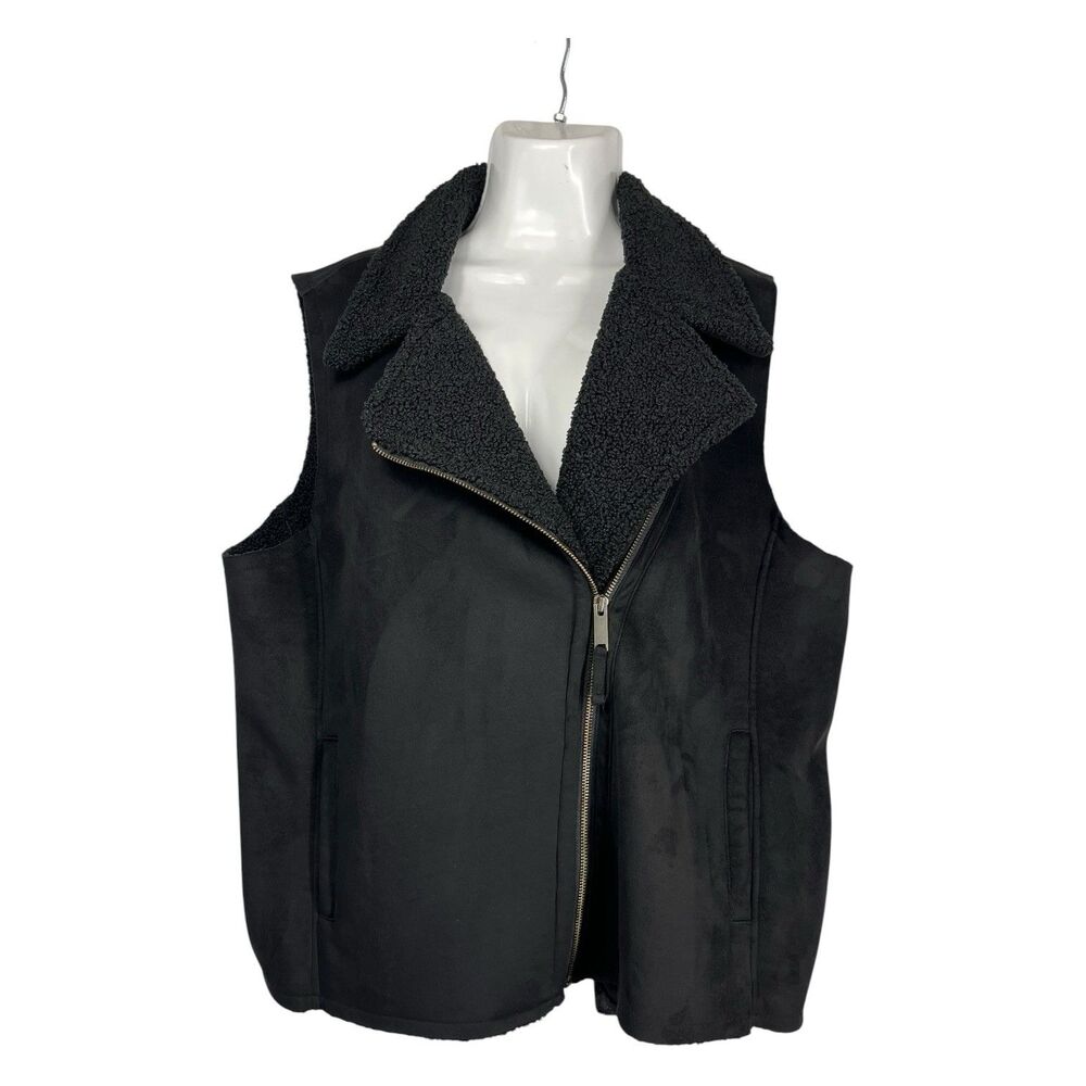 Bob Timberlake Women XXL Black Faux Suede Moto Vest Sherpa Asym Zip Body Warmer